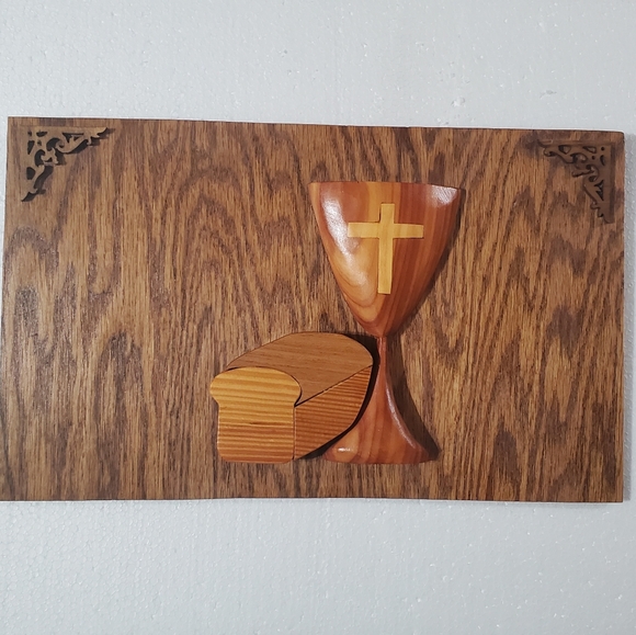 Communion Cup & Loaf, Wood Intarsia Wall Hanging Handcrafted Scroll Saw Art.